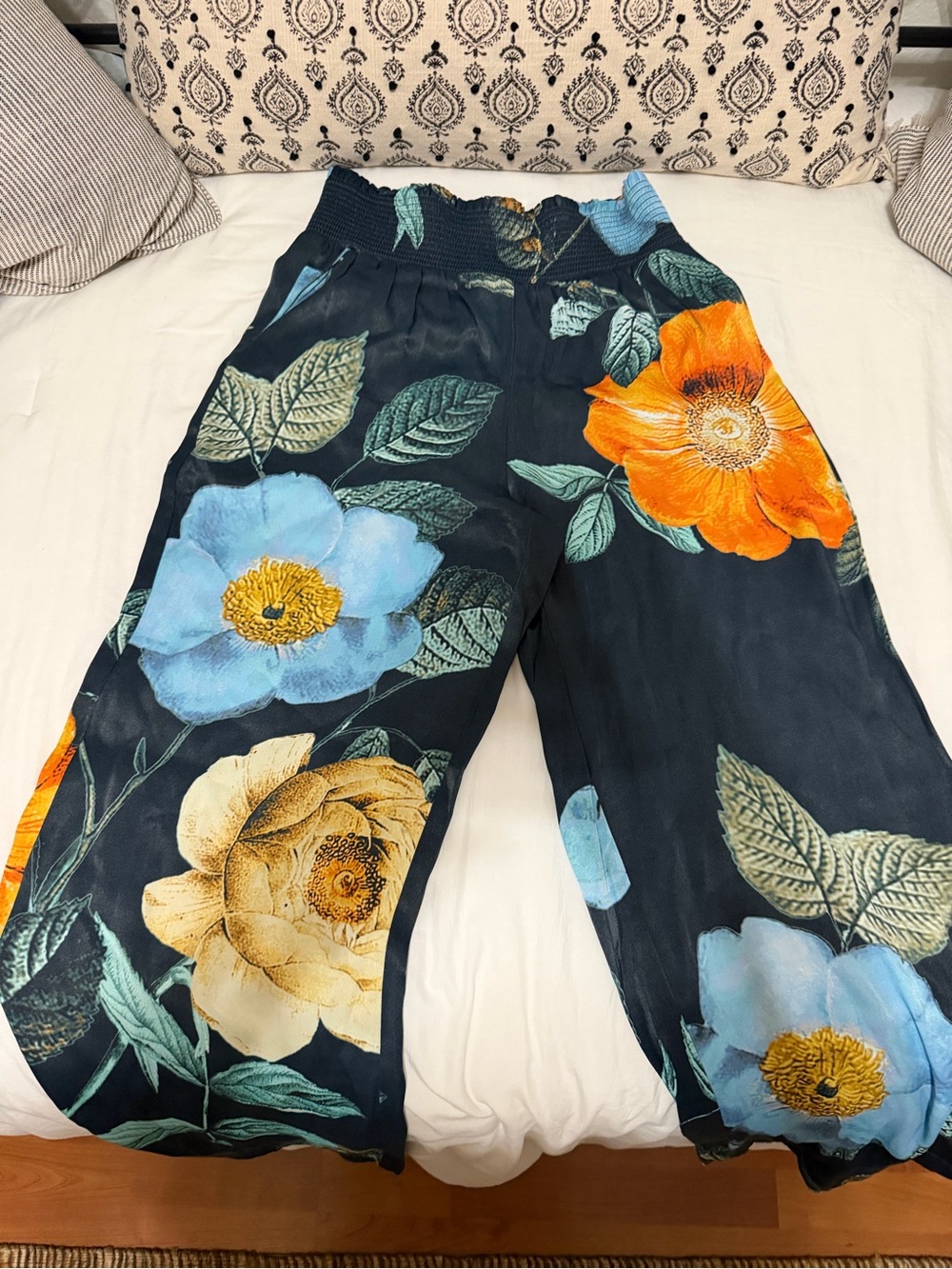 Maeve Navy Wide-Leg Floral Pants with Blue, Orange & Cream Blooms
